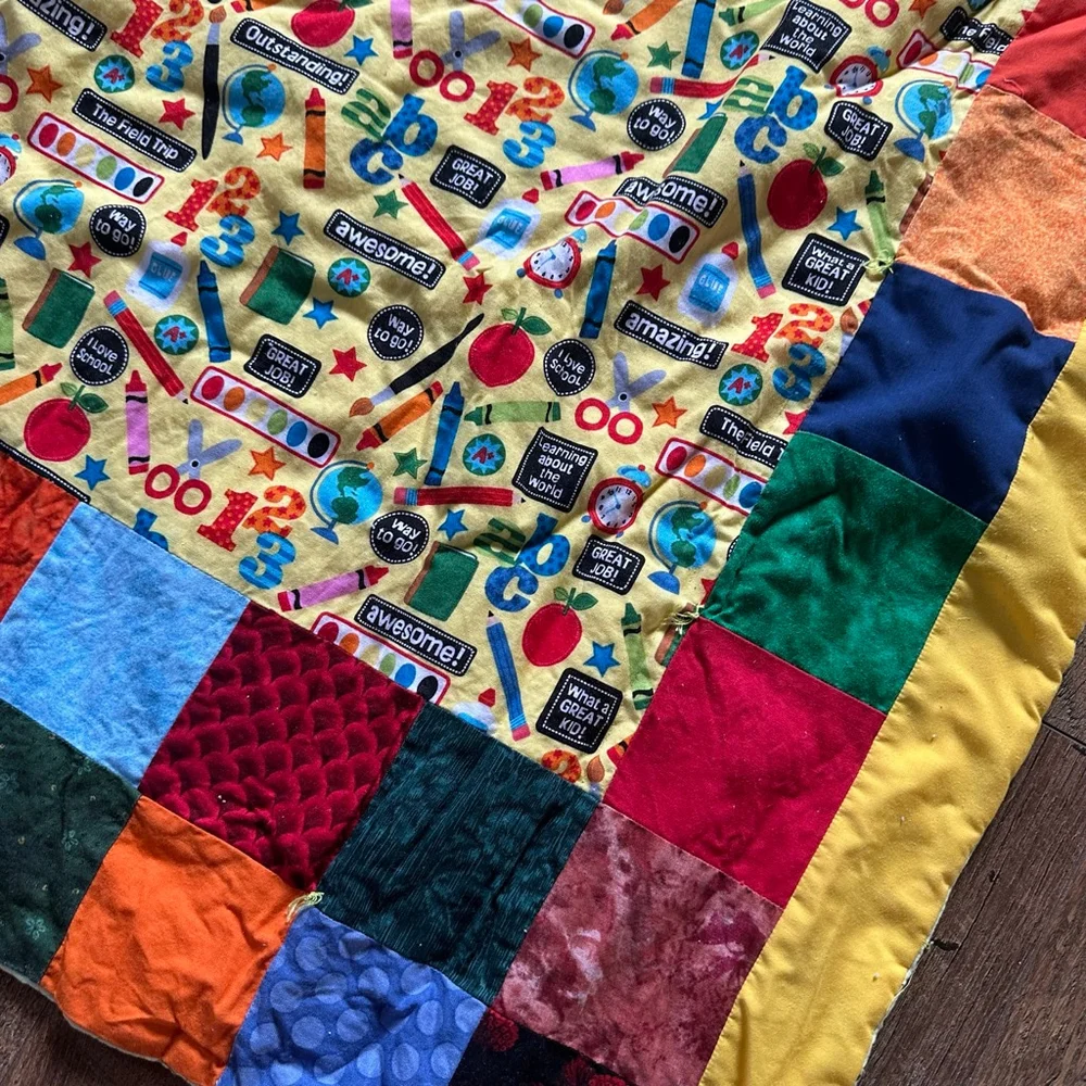 Multicolor Patchwork Twin Quilt with School Theme Handmade